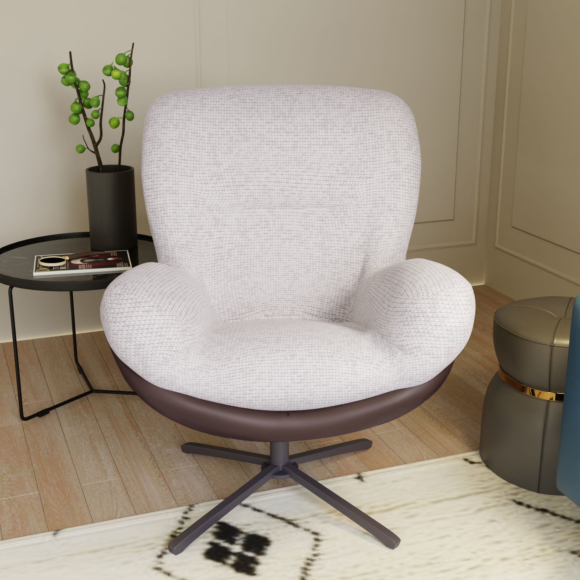 360 Swivel Accent Chair, Modern Chenille Lounge Chair With Faux Leather And Black Metal Base Frame, Comfortable Reading Chair For Small Spaces, Living Room, Bedroom, Reading Corner, Office White Brown White Brown Primary Living Space Art