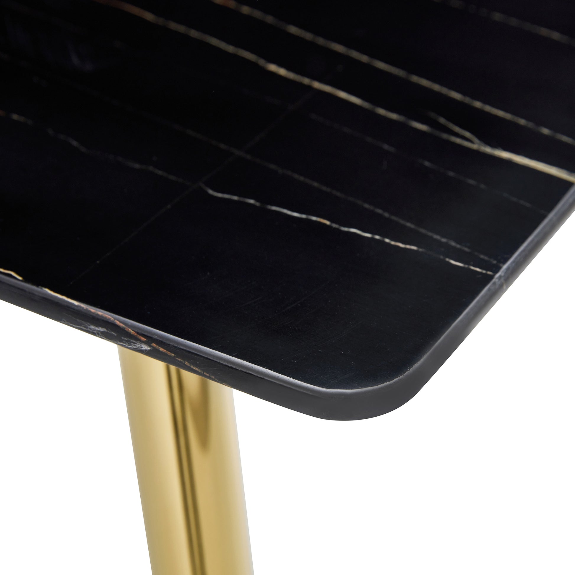 Table And Chair Set. 1 Table With 4 Gray Pu Chairs. Modern Minimalist Rectangular Black Imitation Marble Dining Table, With Golden Metal Legs. Paired With 4 Chairs With Golden Legs.Dt 1544 C001 Black Gold Glass Metal