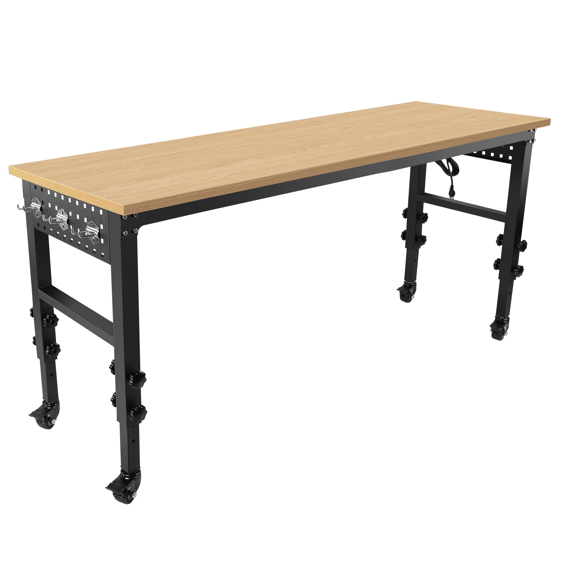 72" 24'' Adjustable Workbench, Rolling Heavy Duty Worktable With Power Outlet And Wheels, Large Load Capacity Rubber Wood Top Workbench For Garage, Office, Workshop, Home, Easy Assembly Black Steel