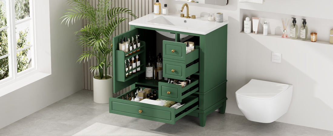 30" Bathroom Vanity With Sink, One Door With Shelf And Three Drawers, Soft Close Door, Green Green Ceramic Mdf,Rubber Wood