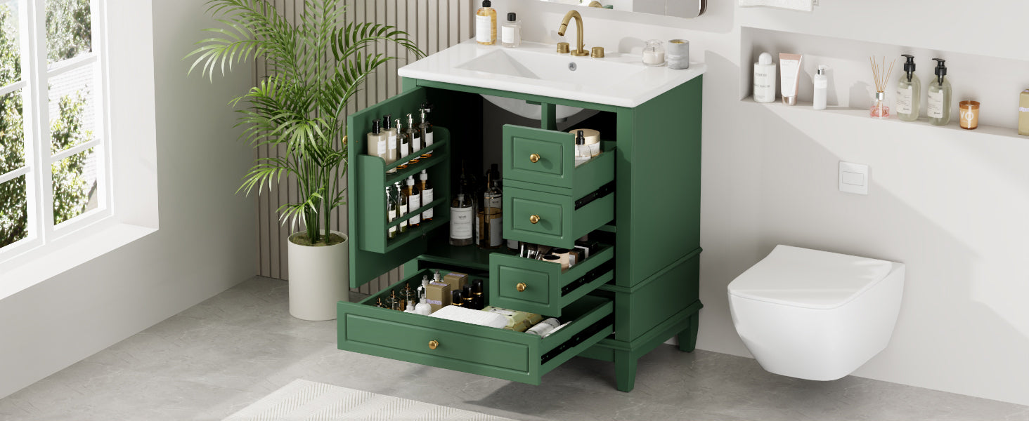 30" Bathroom Vanity With Sink, One Door With Shelf And Three Drawers, Soft Close Door, Green Green Ceramic Mdf,Rubber Wood