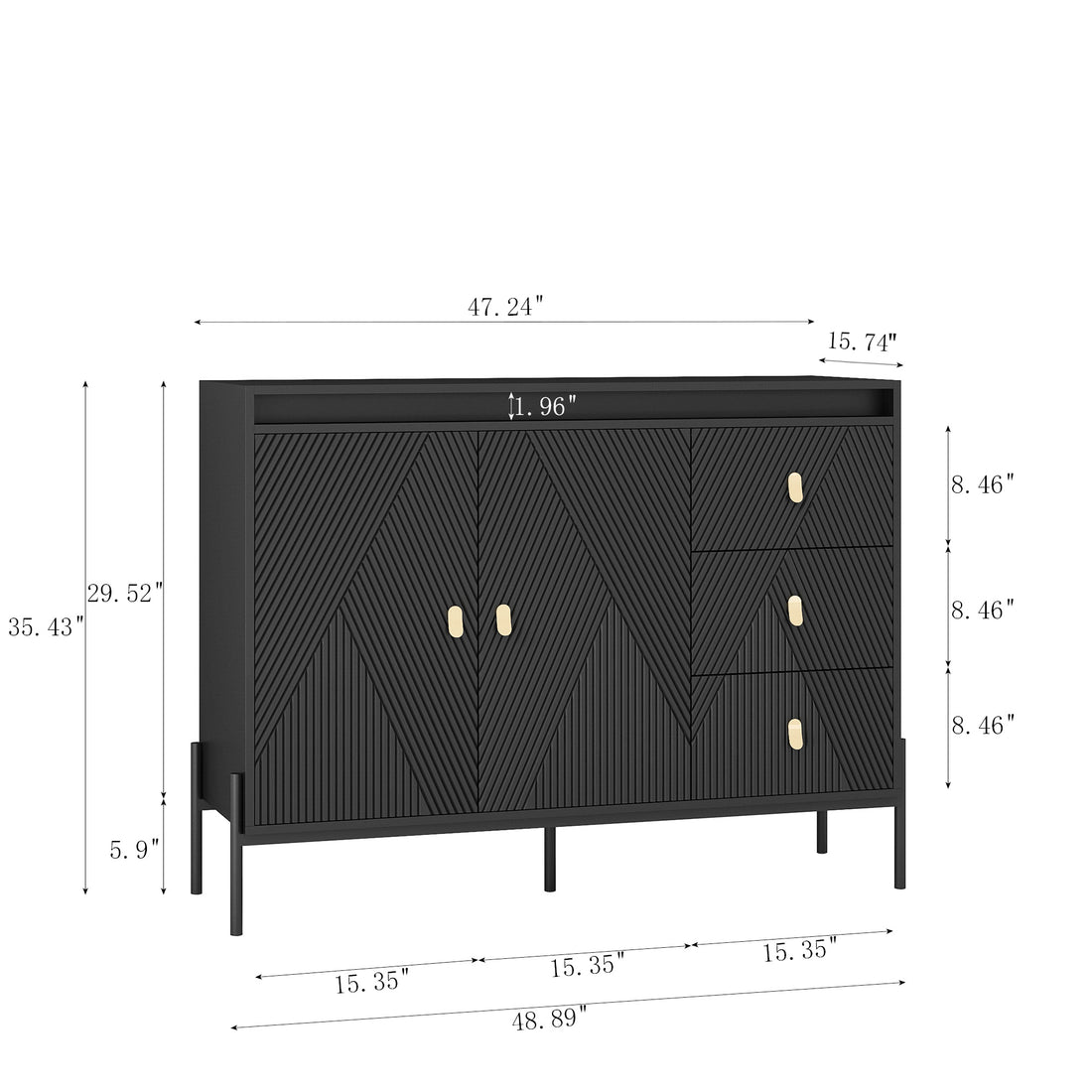 Buffets & Sideboards, Fluted Sideboard Cabinet, 2 Door 3 Drawer Design, With Led Lights,Acceent Black Sideboard Elegant Cabinet Ideal For Dining Room And Kitchen Storage,Black Black Mdf