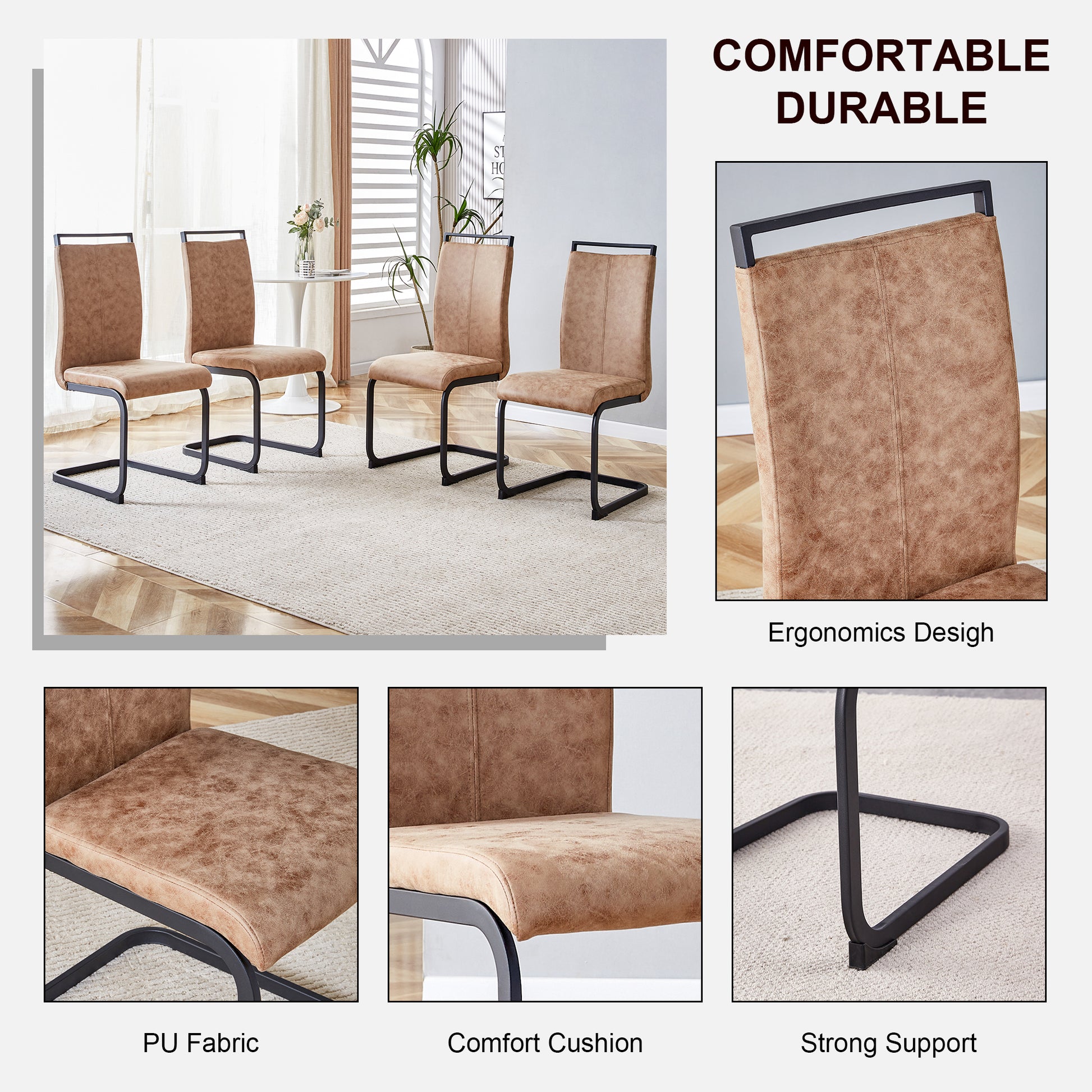 Table And Chair Set.Modern Dining Table, Tempered Glass Countertop With Artistic Mdf Legs.Paried With 4 Comfortable Chairs With Pu Seats And Metal Legs. Suitable For Various Decoration Styles. Black Brown,Transparent Seats 4 Mdf Metal