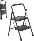 2 Step Ladder, Step Stool Foldable, 800Lbs Portable Ladder With Wide Anti Slip Pedal, Step Stool For Adults, Lightweight Step Ladder For Home Kitchen And Outdoor Black Metal & Wood