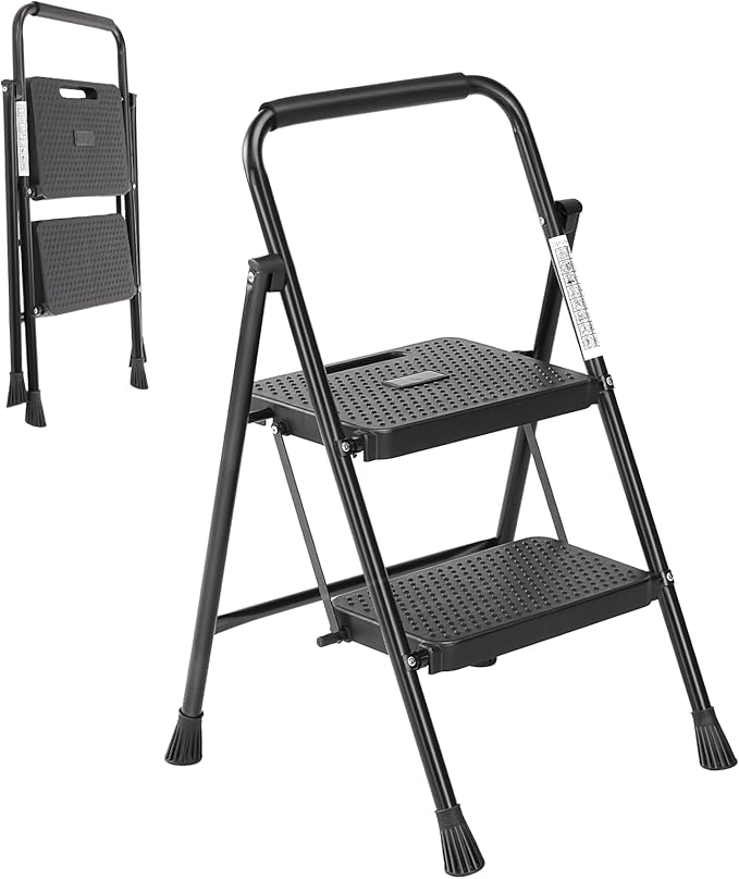 2 Step Ladder, Step Stool Foldable, 800Lbs Portable Ladder With Wide Anti Slip Pedal, Step Stool For Adults, Lightweight Step Ladder For Home Kitchen And Outdoor Black Metal & Wood