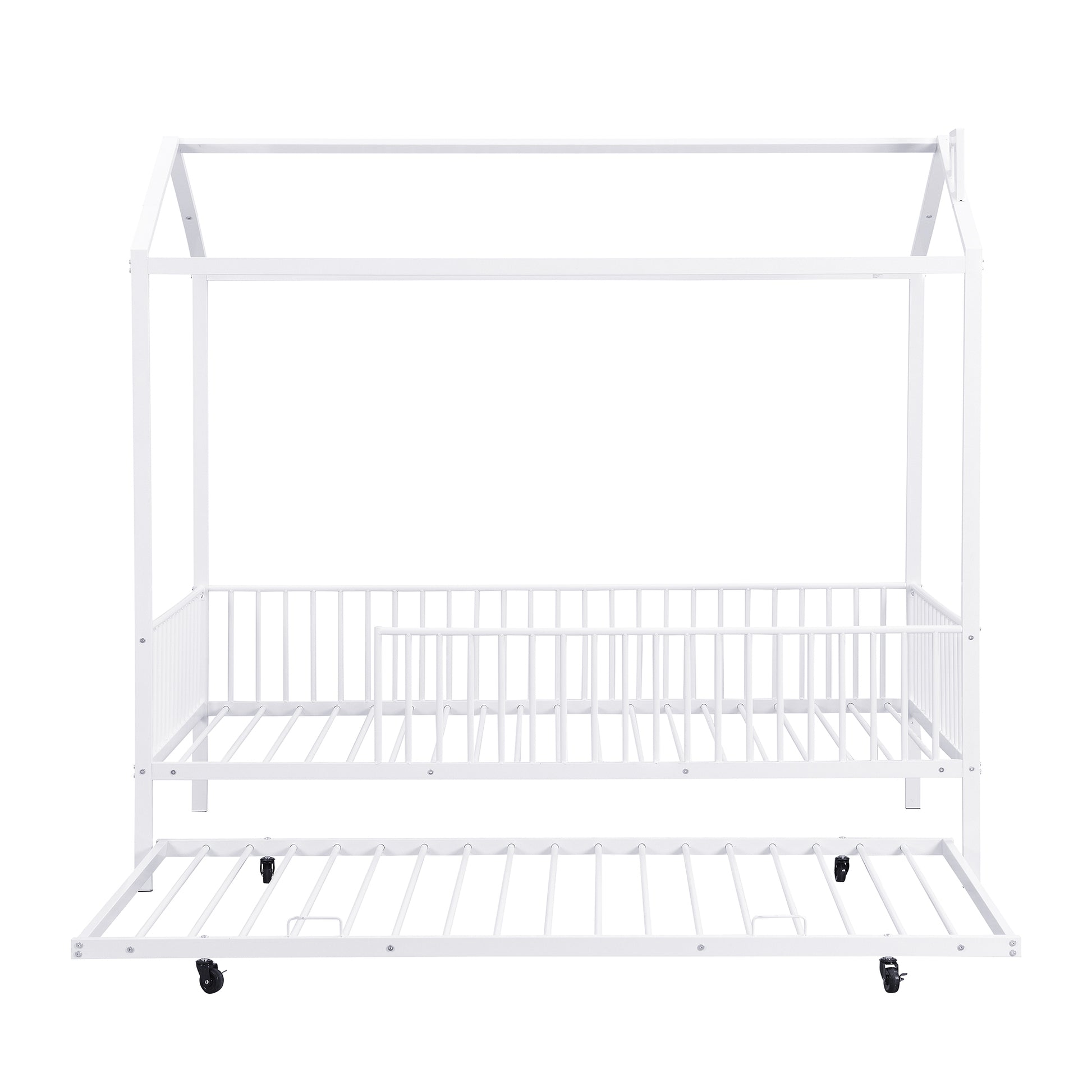 Twin Size Metal House Bed With Fence, With Trundle, White Twin White Metal