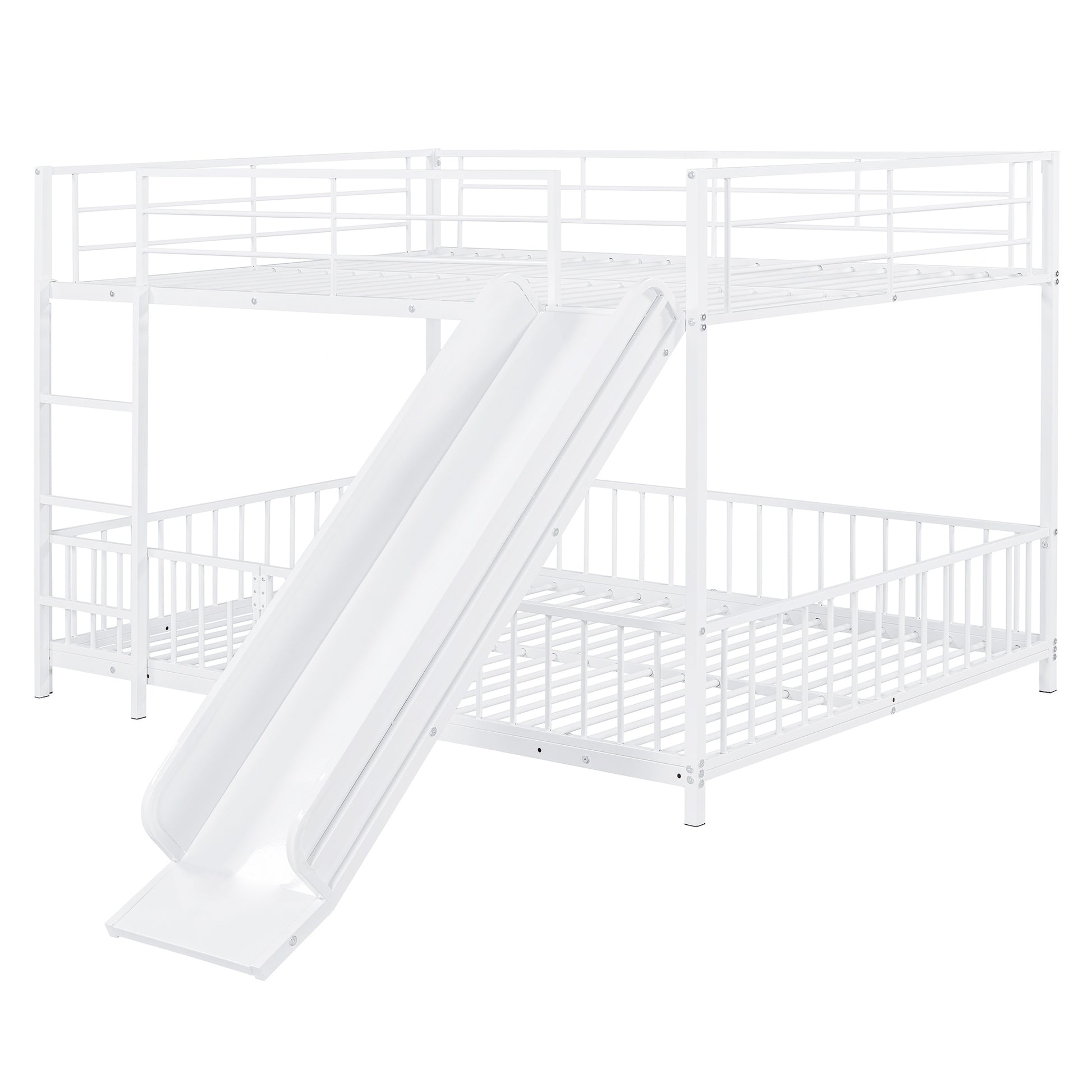 Full Over Full Size Metal Bunk Bed With Slide And Guardrails, White Full White Metal