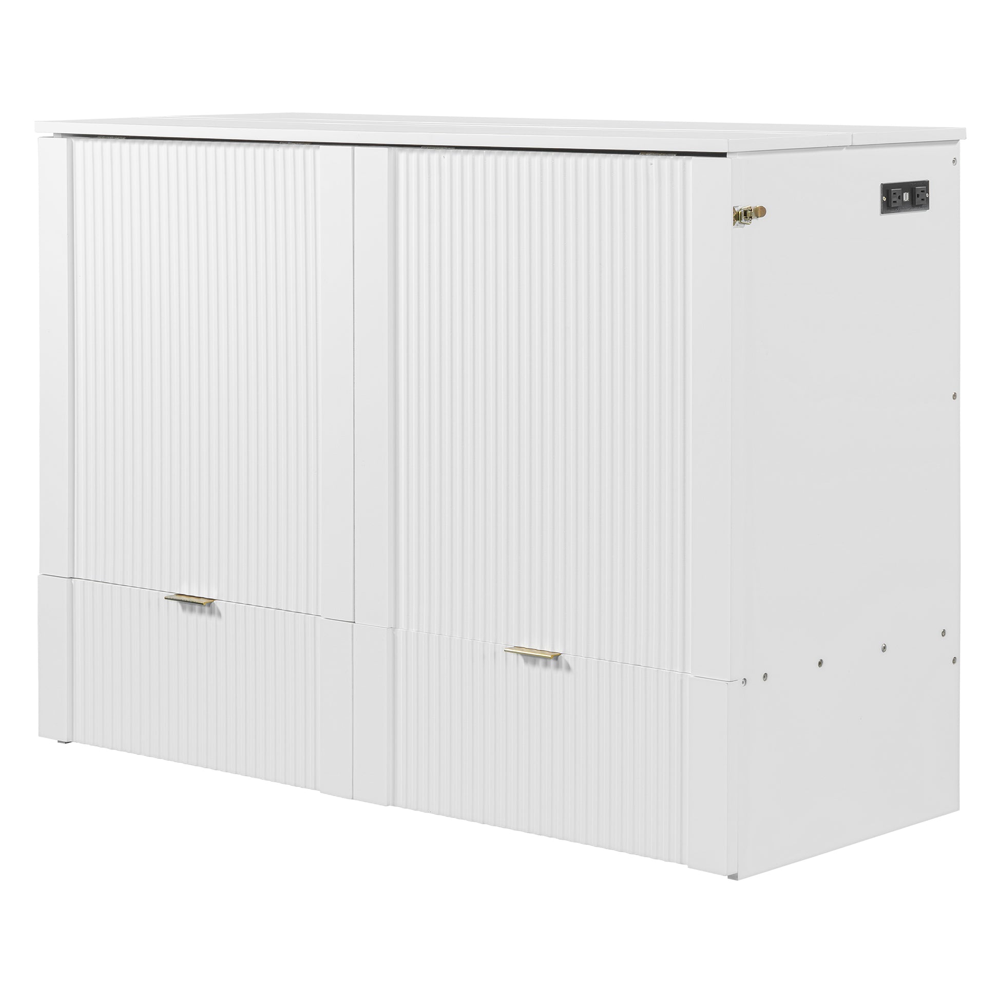 Full Size Murphy Bed With Drawer And A Set Of Sockets & Usb Ports, Pulley Structure Design, White Full White Plywood