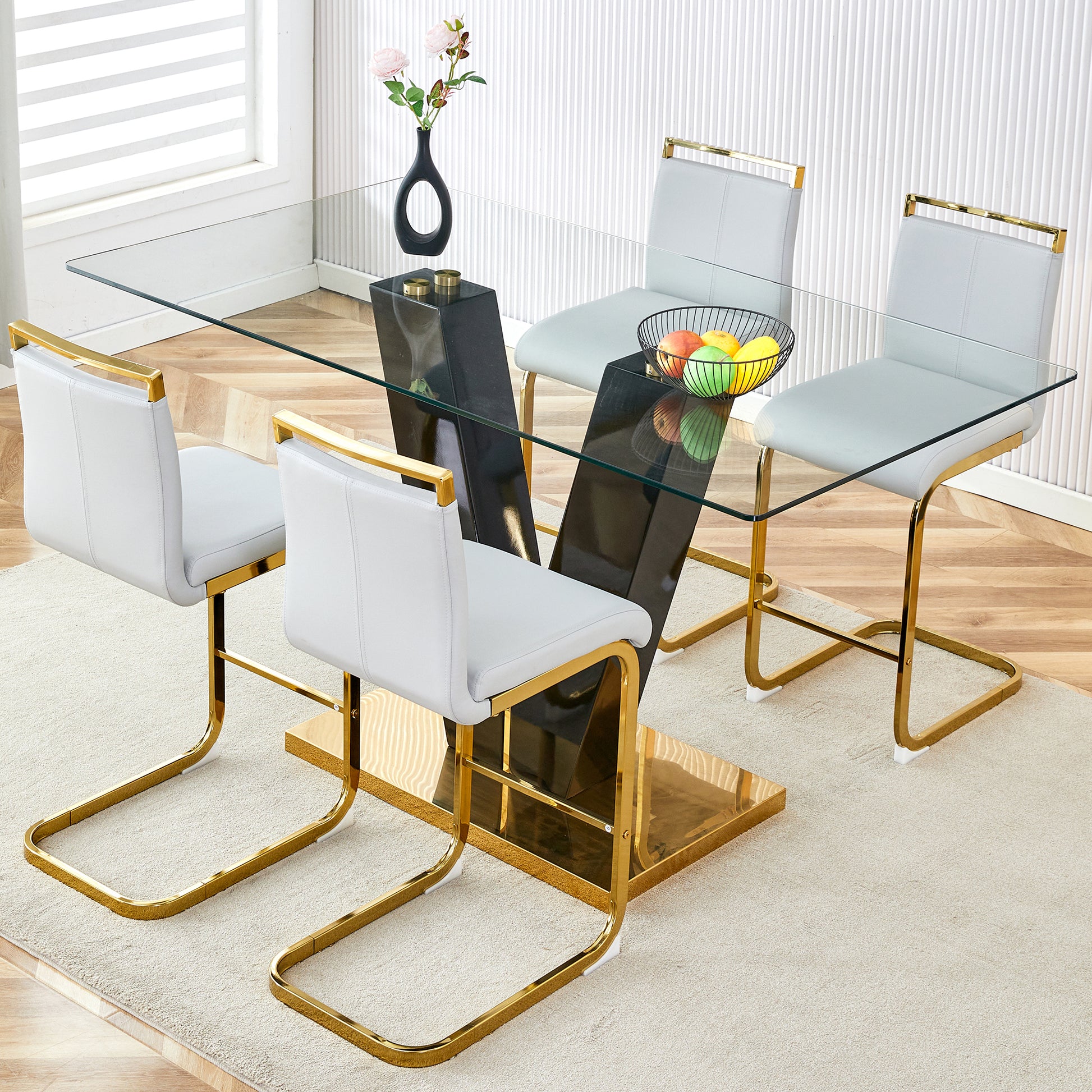 Table And Chair Set,Clear Tempered Glass And Black Legs Of The Table, Pu And Gold Legs Of The Chair Black Grey Seats 4 Tempered Glass