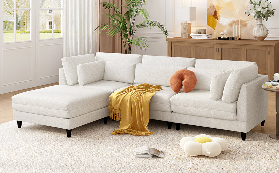 Modern Modular Sectional Sofa With Movable Ottoman, 110 Inch 4 Seat Sofa Set With 5 Pillows, Unique Piping Stitch Design, Convertible L Shaped Sofa For Living Room, Office & Spacious Rooms Beige
