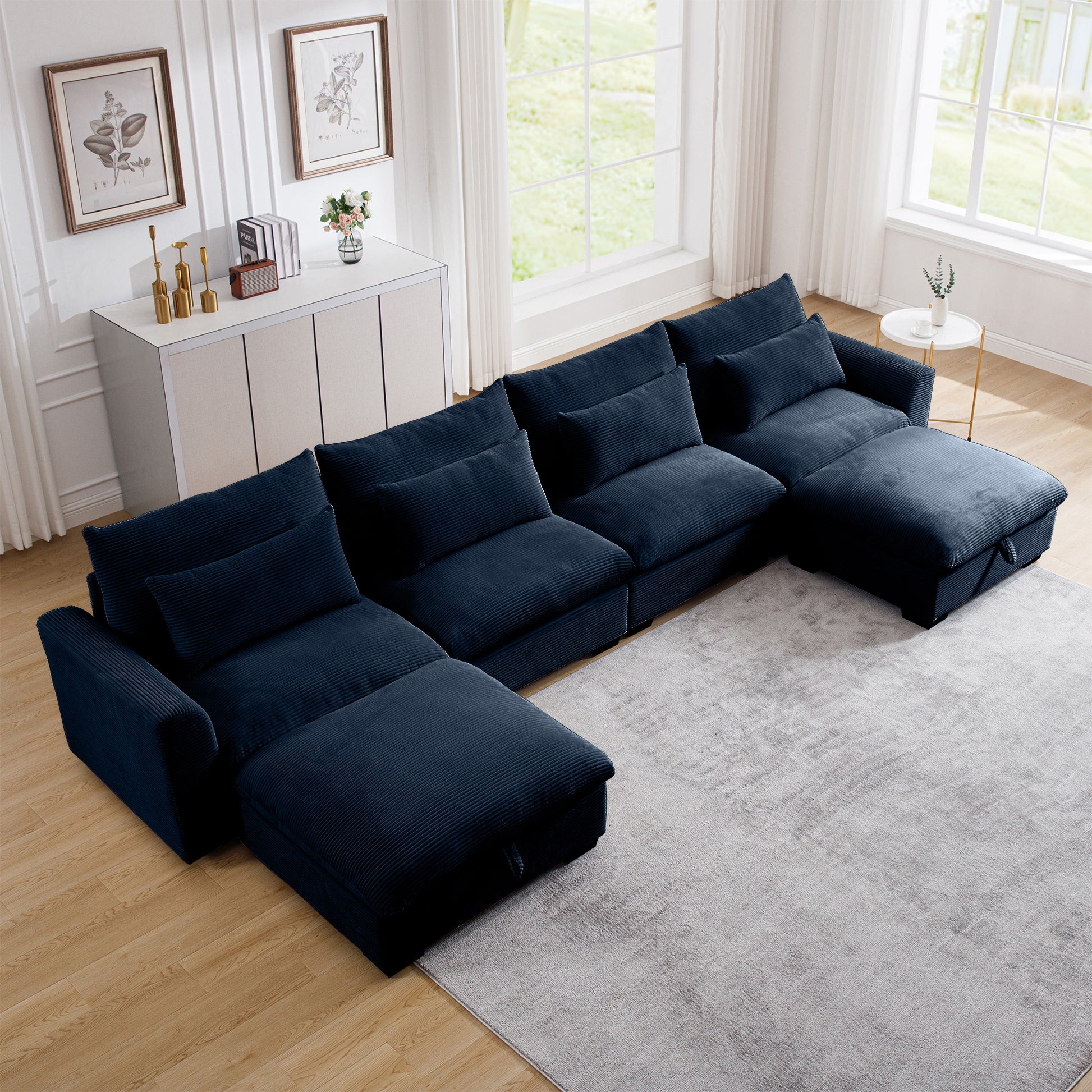 Big Deep Seat U Shaped Corduroy Sectional Couches For Living Room, 4 Seater Sofa Couch With 2 Storage Footstool And 4 Waist Pillows Corduroy, Blue Blue Corduroy 4 Seat