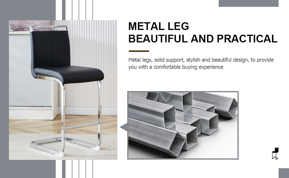Table And Chair Set. A Rectangular Glass Dining Table With A 0.4 Inch Tempered Glass Tabletop And Mdf Board V Shaped Bracket, Paired With Chairs Consisting Of Pu Seat Cushions And Silver Metal Legs. Black Seats 4 Tempered Glass