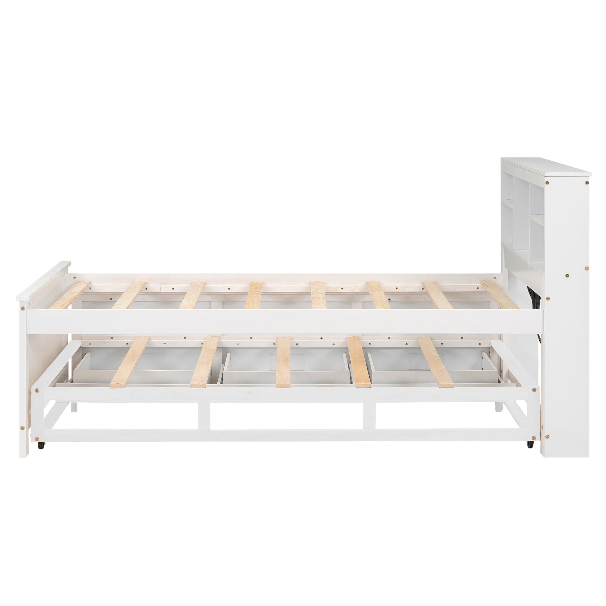 Twin Size Platform Bed With Storage Headboard, Usb, Twin Size Trundle And 3 Drawers, White Box Spring Not Required Twin White Wood Bedroom Bed Frame Solid Wood Mdf