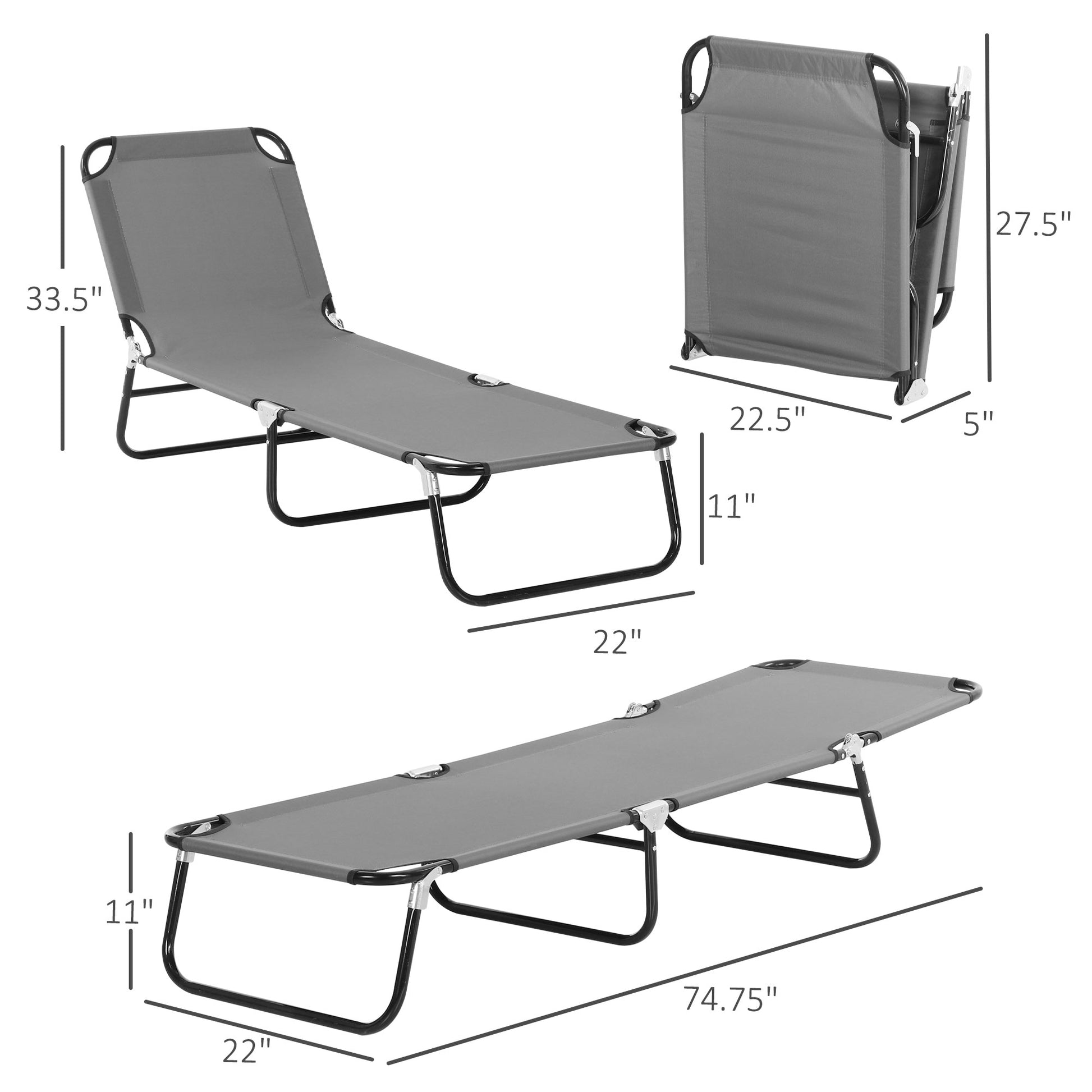 Outsunny 2 Piece Folding Chaise Lounge Pool Chairs, Outdoor Sun Tanning Chairs With 5 Level Reclining Back, Steel Frame For Beach, Yard, Patio, Dark Gray Dark Grey Steel