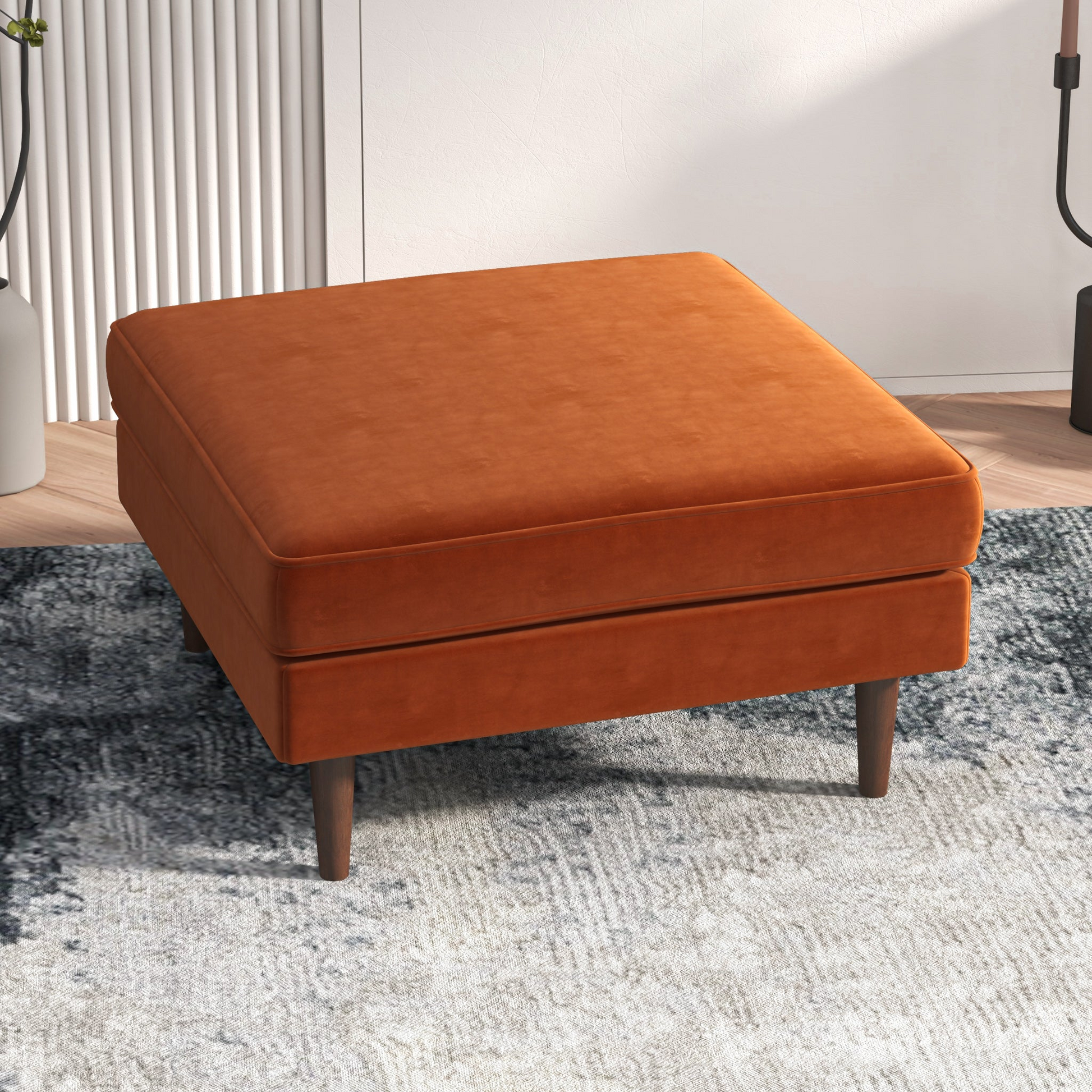 Amber Square Upholstered Ottoman Burnt Orange Velvet Burnt Orange Brown Velvet Wood Velvet Medium Firm Backless Solid Orange Mid Century Modern Square Foam Solid Wood,Velvet