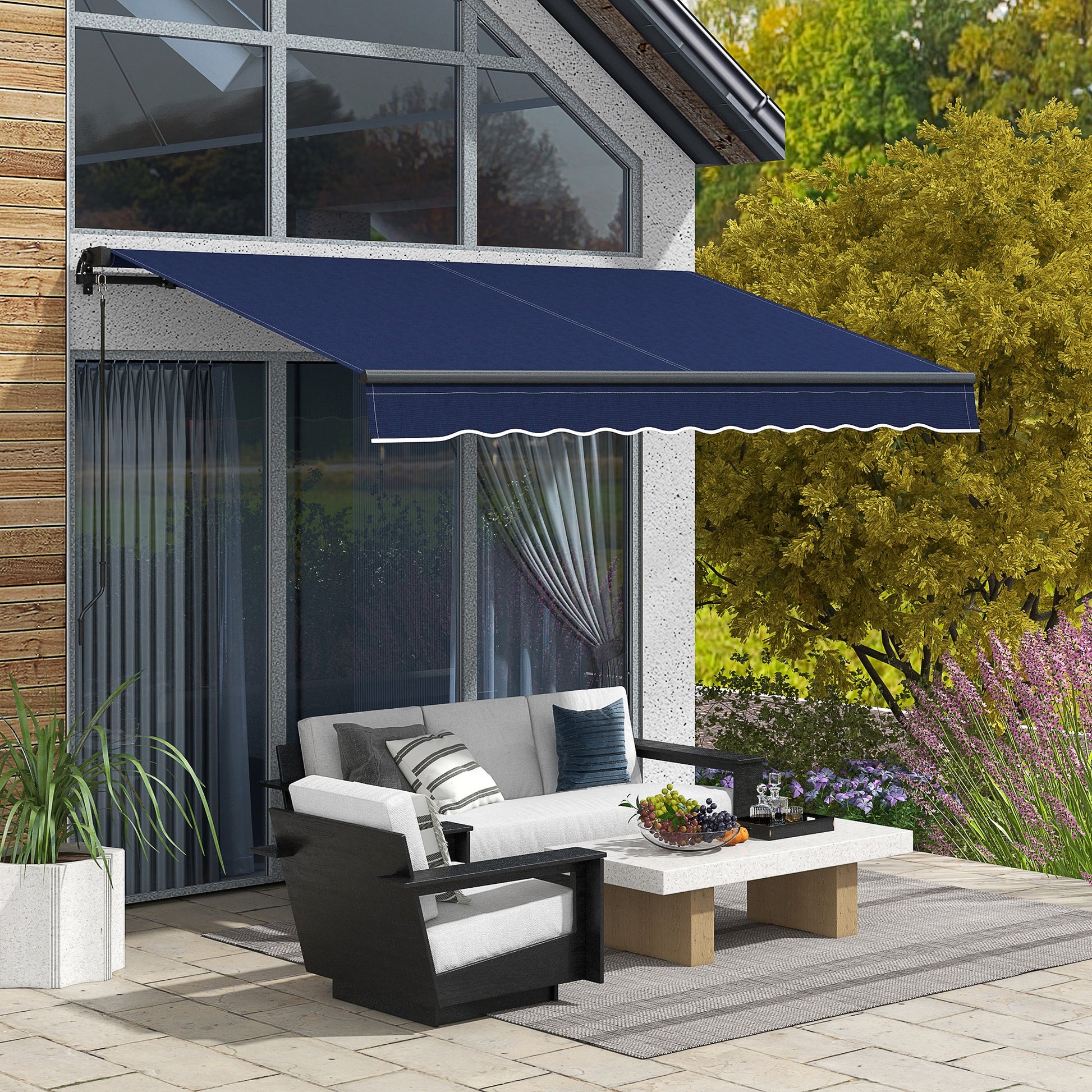 Outsunny 10' X 8' Retractable Awning, Patio Awning Sunshade Shelter With Manual Crank Handle, 280Gsm Uv Resistant Fabric And Aluminum Frame For Deck, Balcony, Yard, Blue Blue Polyester