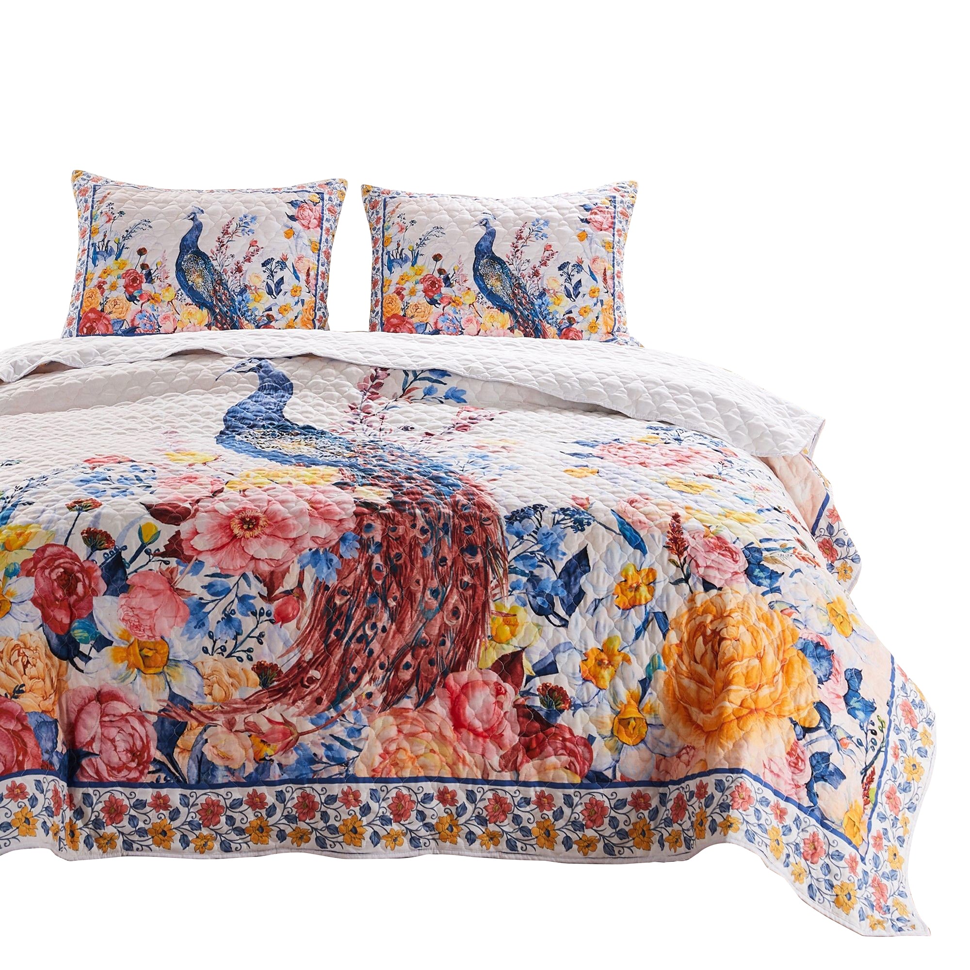 Tess Microfiber 2 Piece Twin Quilt Set, Peacock, Floral Print, Multicolor Twin Multicolor Fabric