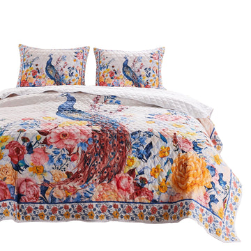 Tess Microfiber 2 Piece Twin Quilt Set, Peacock, Floral Print, Multicolor Twin Multicolor Fabric