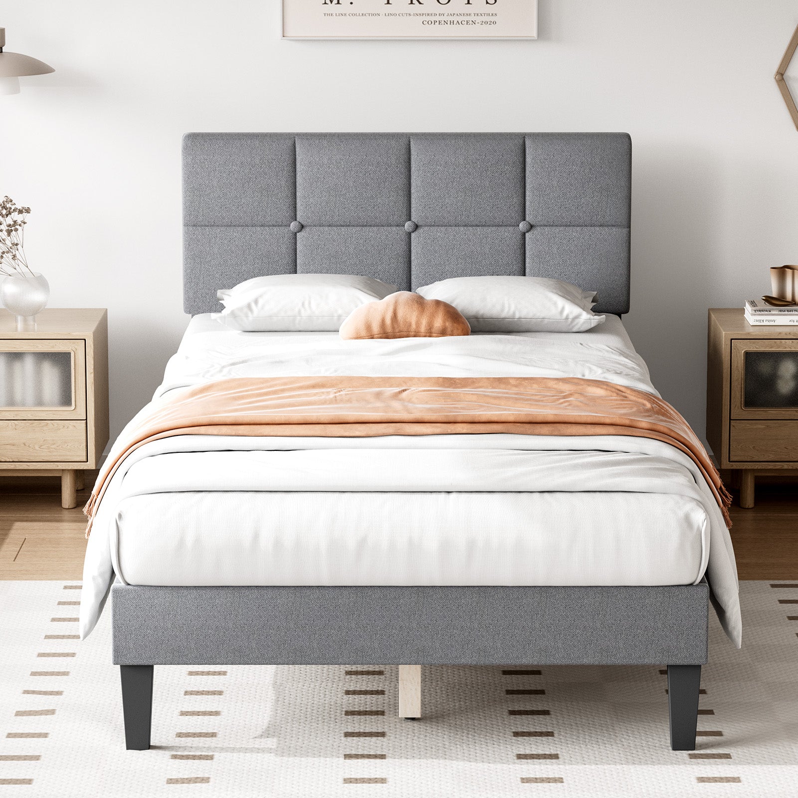 Full Size Bed Frame Linen Upholstered Platform Bed With Headboard, No Box Spring Needed With 800Lbs Solid Wooden Slats Support, No Noise, Easy Assembly, Grey Grey Metal & Wood