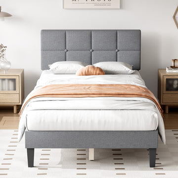 Twin Size Wood Bed Frame Linen Upholstered Platform Bed With Headboard, No Box Spring Needed With 800Lbs Sturdy Wooden Slats Support, Noise Free, Easy Assembly, Grey Gray Metal & Wood