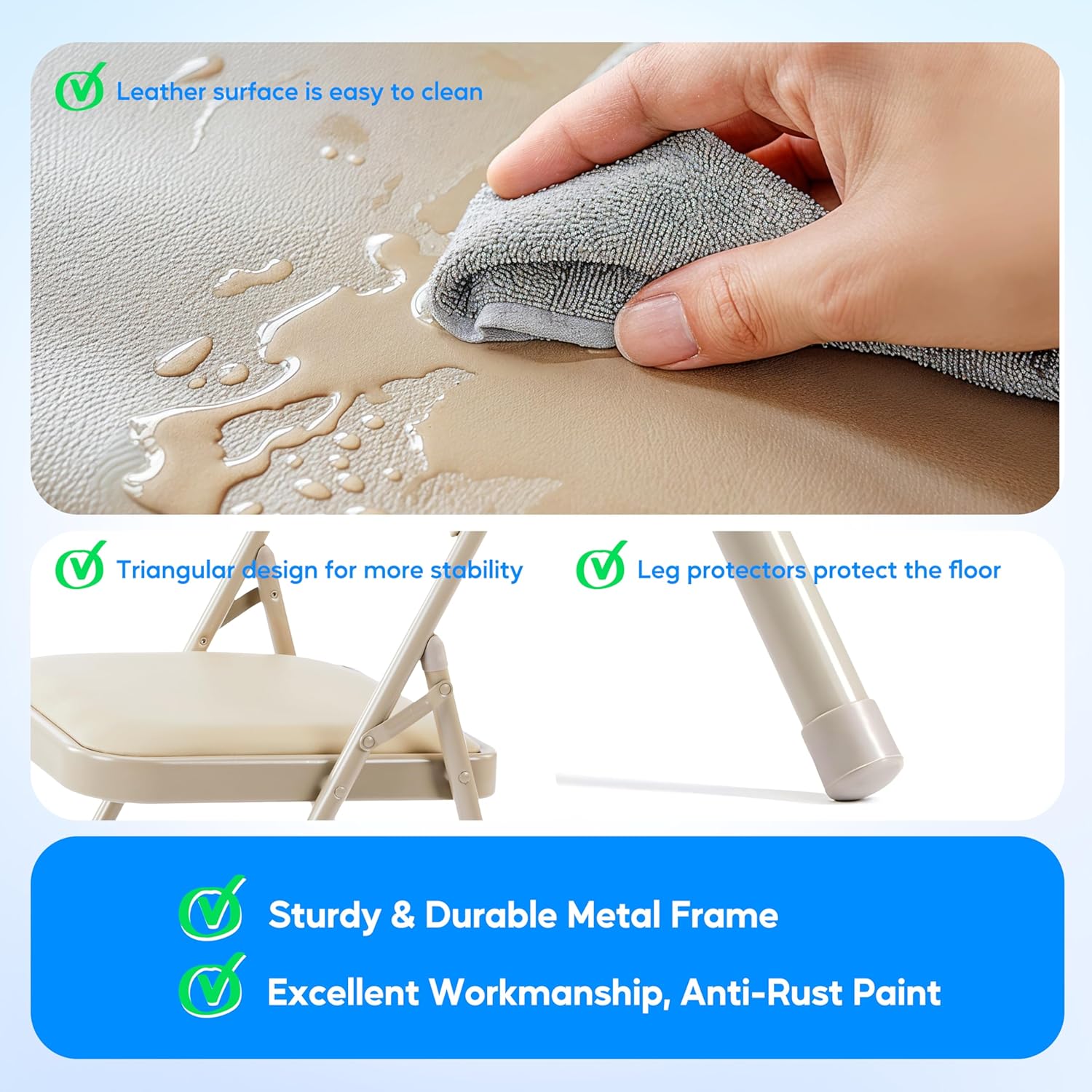 2 Pack Folding Chairs With Leather Padded Cushion Seats & Durable Metal Frame, Comfortable, Foldable, Portable, Commercial Event Seat, Indoor Outdoor For Parties, Home, Office, Kahki Khaki Leather