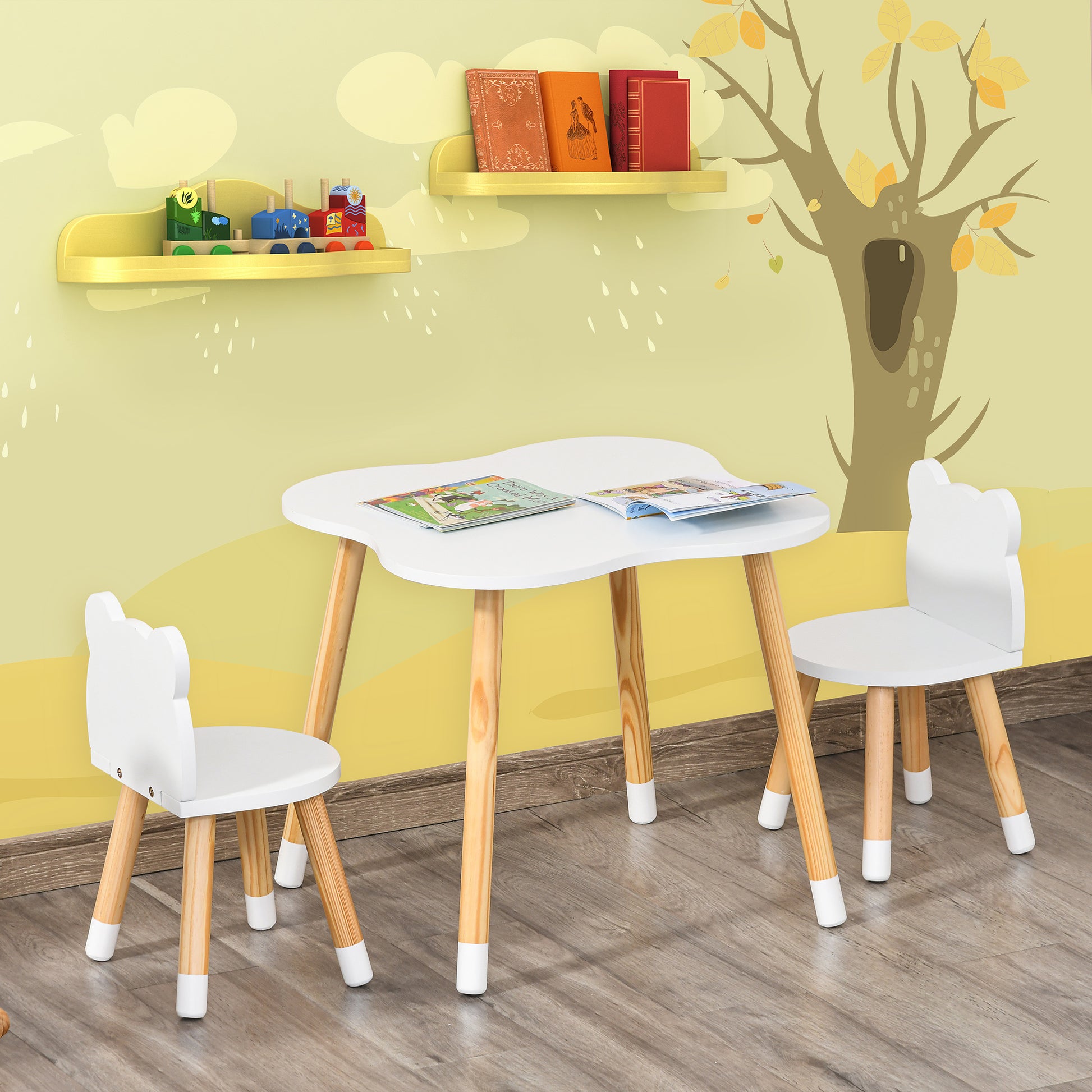 Qaba Wooden Kids Table And Chair Set Ideal For Arts, Meals, Homework, Cute Toddler Activity Table For Age 3 Years , White White Mdf