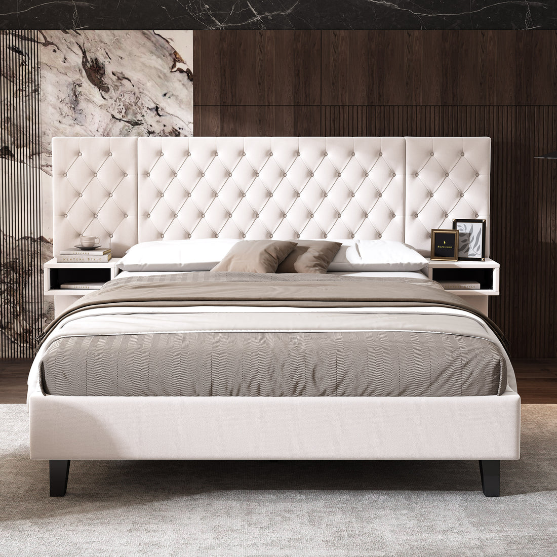 Queen Size Platform Bed With Headboard, Modern Velvet Upholstered Platform Bed With 2 Nightstands, With Diamond Tufted, Beige Box Spring Not Required Queen Beige Wood Velvet