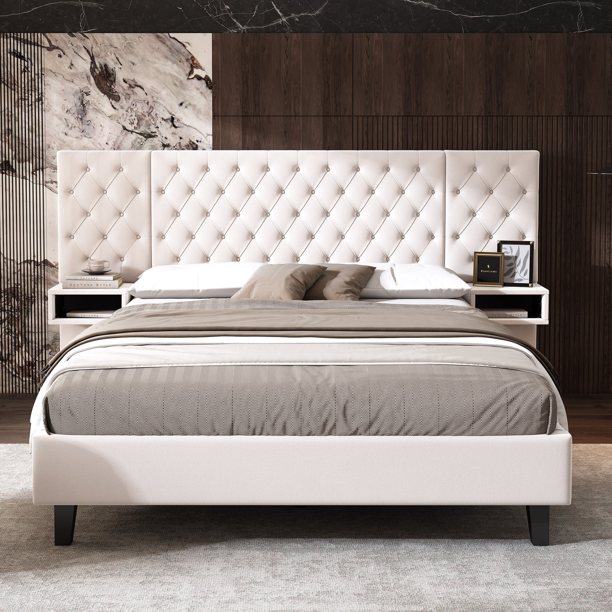 Queen Size Platform Bed With Headboard, Modern Velvet Upholstered Platform Bed With 2 Nightstands, With Diamond Tufted, Beige Box Spring Not Required Queen Beige Wood Velvet