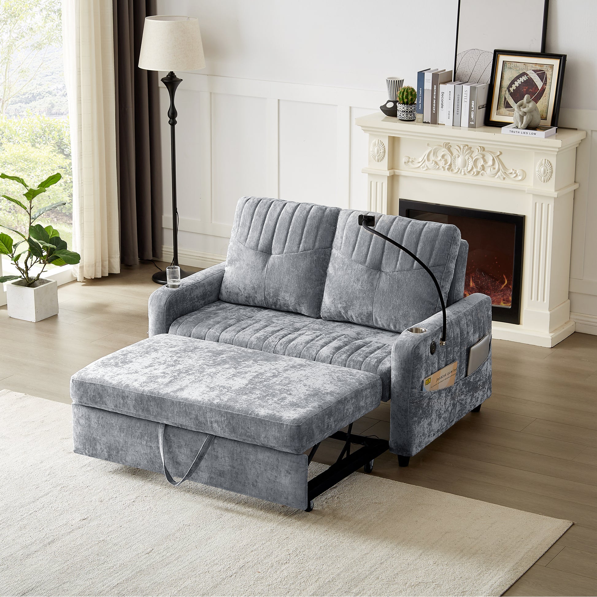 53.9" Modern Loveseat Pull Out Sofa Bed With Adjustable Backrest, Two Cup Holdersa Phone Holder, Three Charging Ports And Side Storage Pockets For Living Room, Grey Grey Foam Chenille