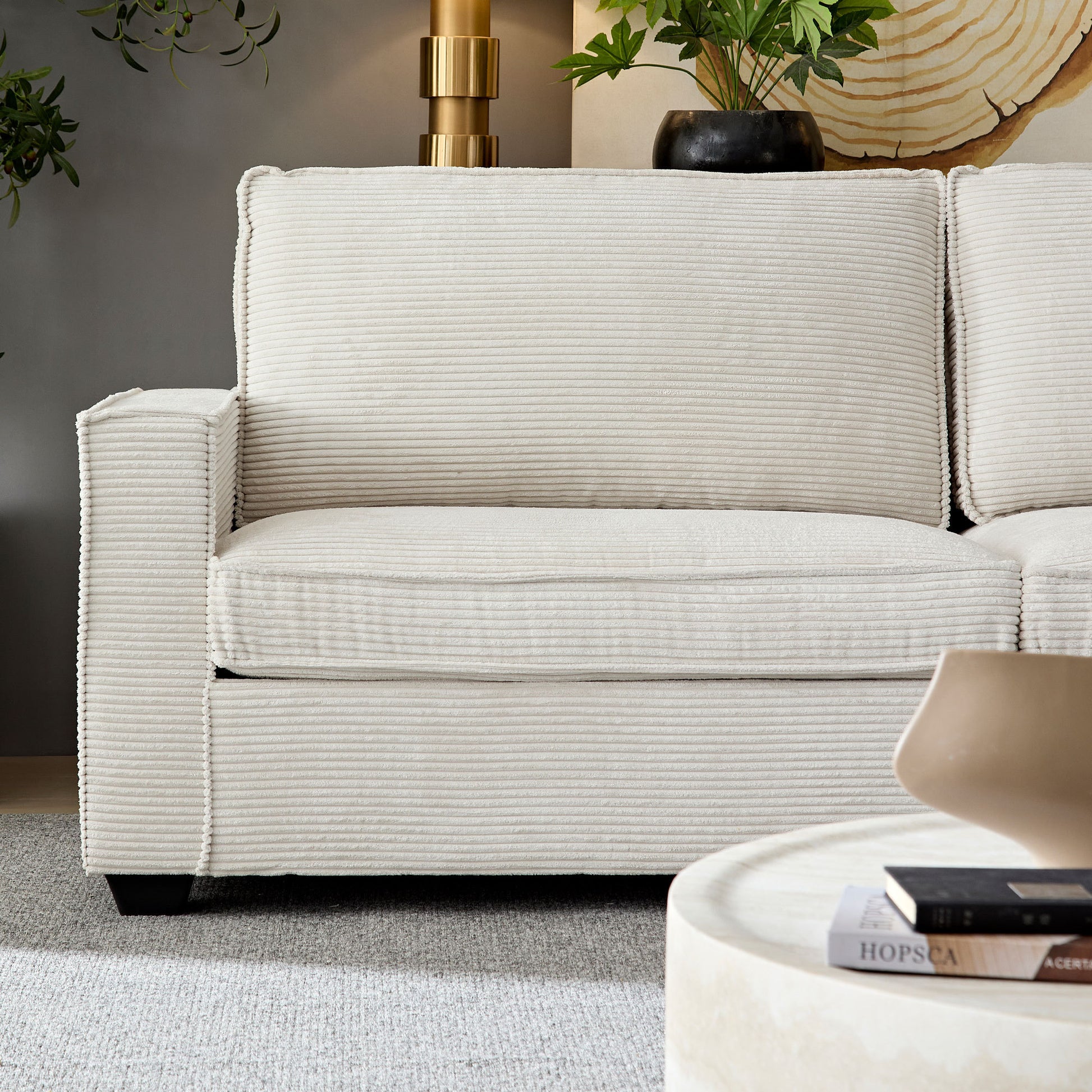 Corduroy Sofa, 87.4 Inch Modern Design Sofa With Cup Holder And Storage Bags, Deep Seat Sofa Couch,Comfy Couch For Living Room,Apartment,Beige Beige Corduroy 3 Seat