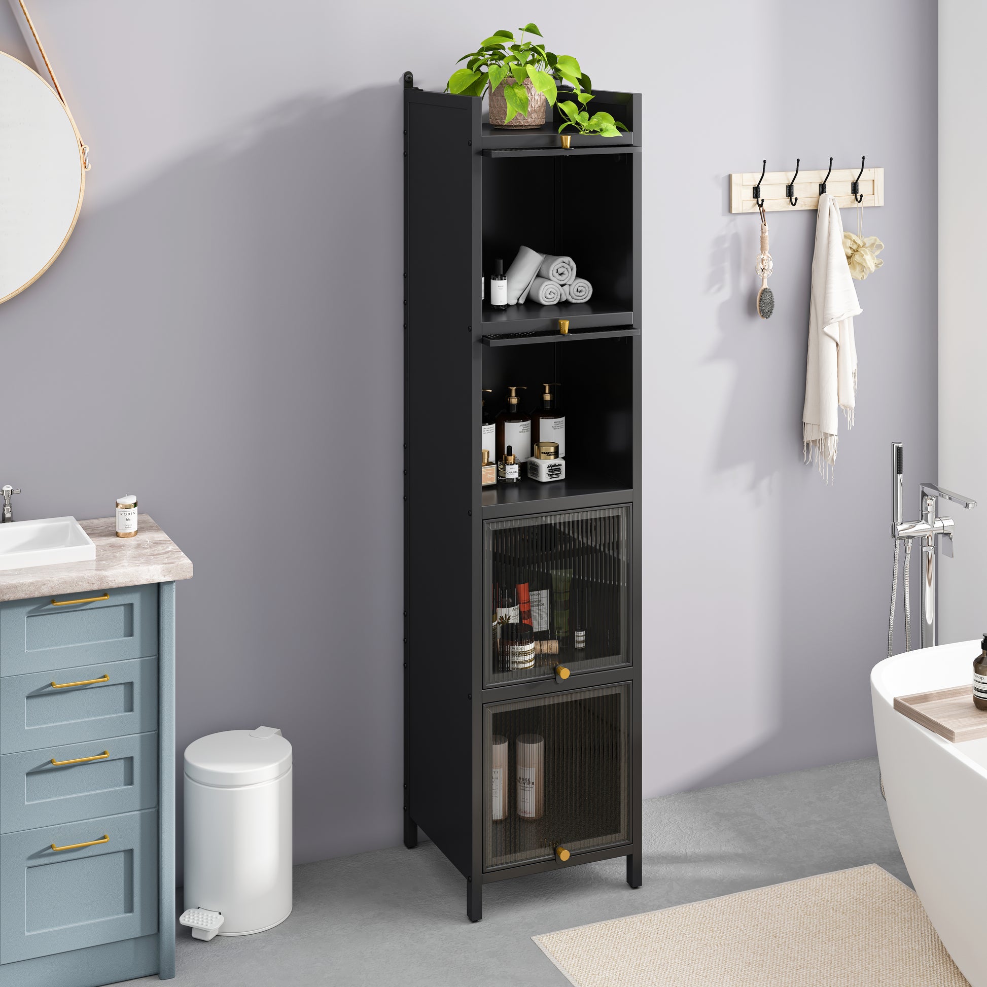 Modern Four Tier Glass Door Cabinet With Featuring Five Tier Storage, For Entryway Living Room Bathroom Dining Room,Black Black Glass,Iron