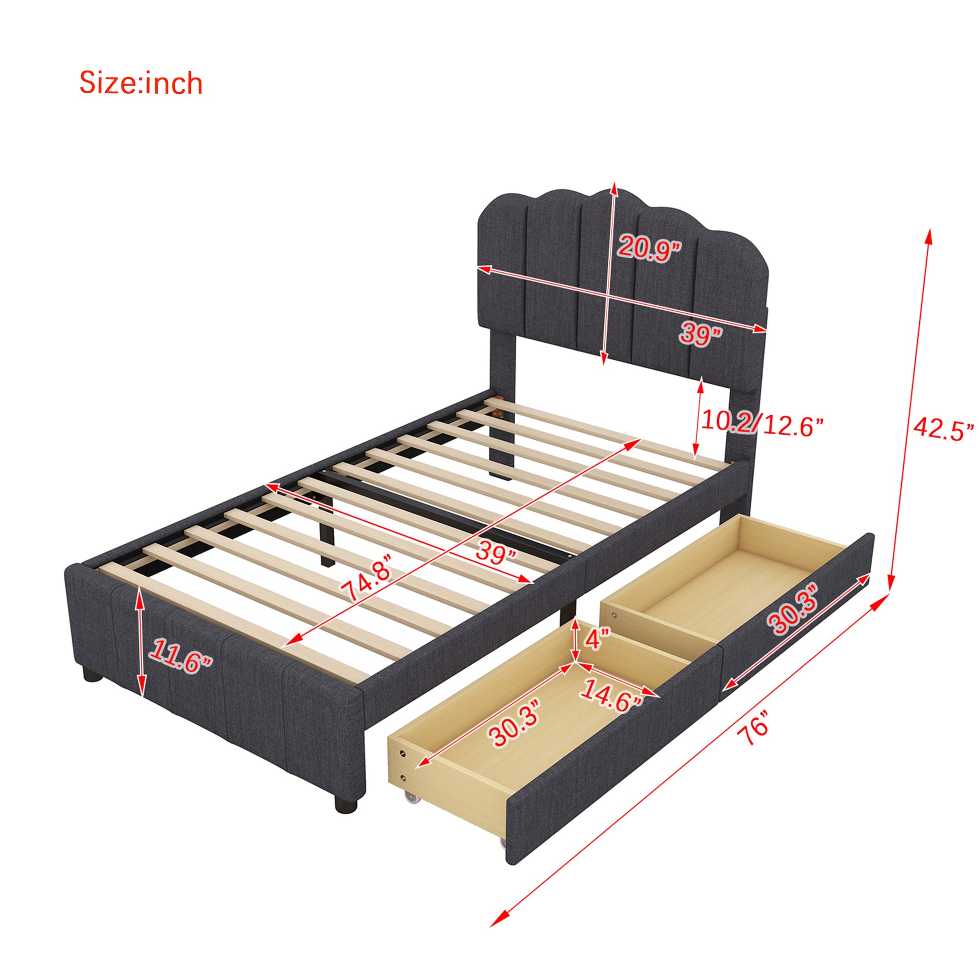 Twin Size Upholstered Bed With 2 Storage Drawers,Wood Slat Support, Gray Twin Gray Upholstered