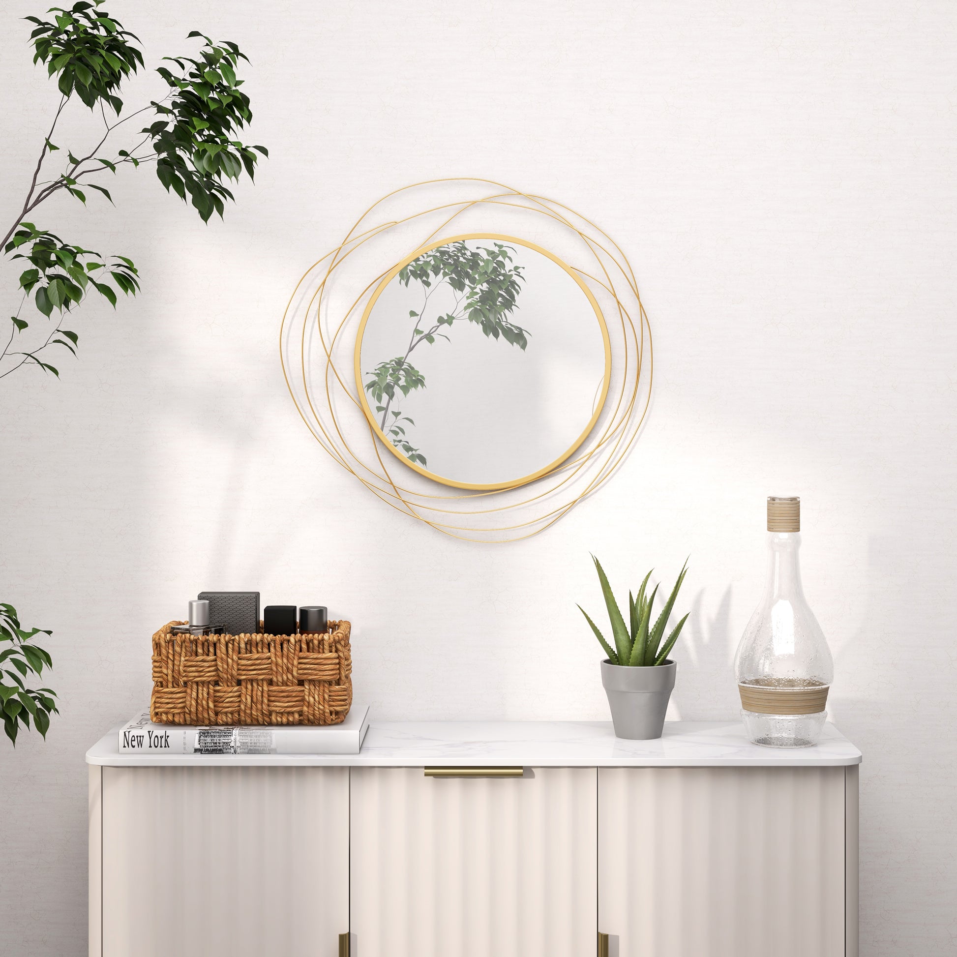 Homcom Metal Wall Art Modern Mirror Decor Home Hanging Wall Sculptures For Living Room Bedroom Dining Room, Gold Gold Mdf Glass