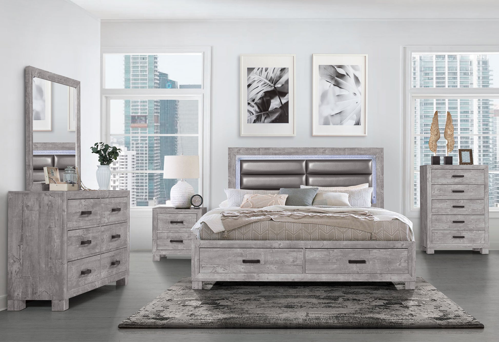 Rover Grey Queen Bed Gray Solid Wood Mdf