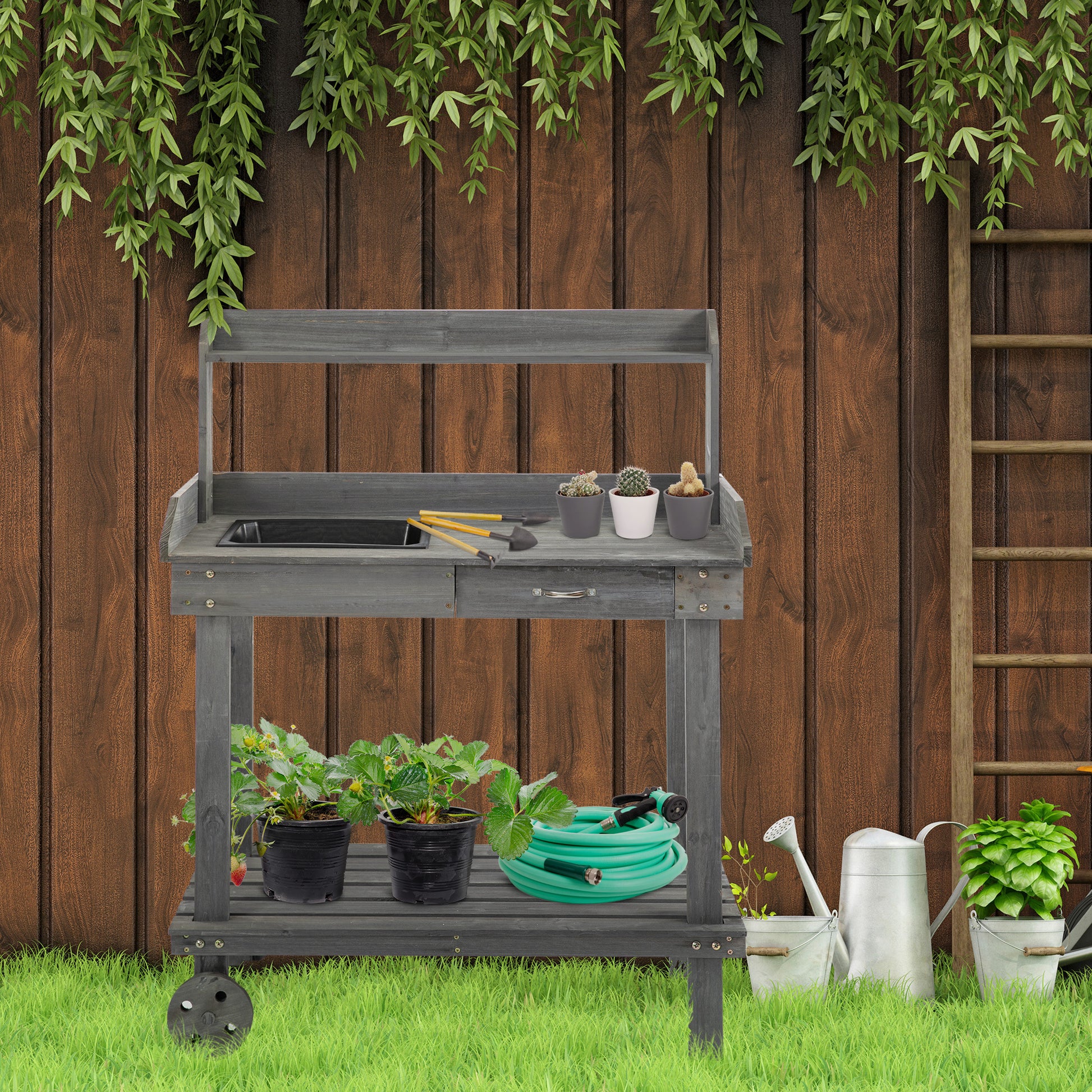 Outsunny 36'' Wooden Potting Bench Work Table With 2 Removable Wheels, Sink, Drawer & Large Storage Spaces, Gray Gray Wood