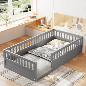 Twin Floor Bed Frame With Fence, Wood Kids Floor Beds Frame For Bedroom Playroom,Gray Expect Arrive Date Jun. 21St Twin Grey Pine