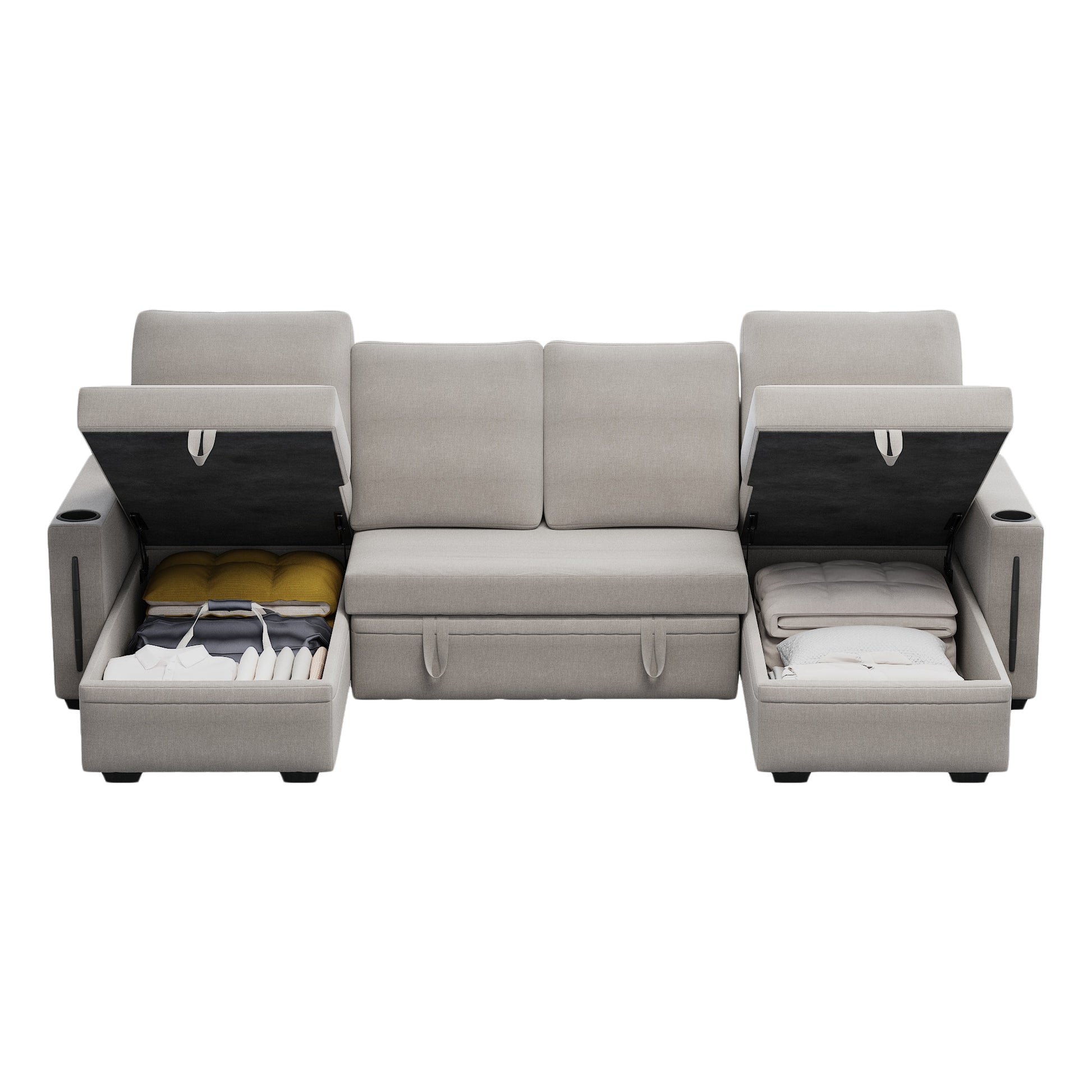 Sectional Sofa With Storage, 96" U Shaped Sectional Couches For Living Room, Comfy Convertible Sectional Sofa Beige Beige Linen Wood Primary Living Space Cushion Back Soft Modern Eucalyptus Square Arms Foam Linen 4 Seat