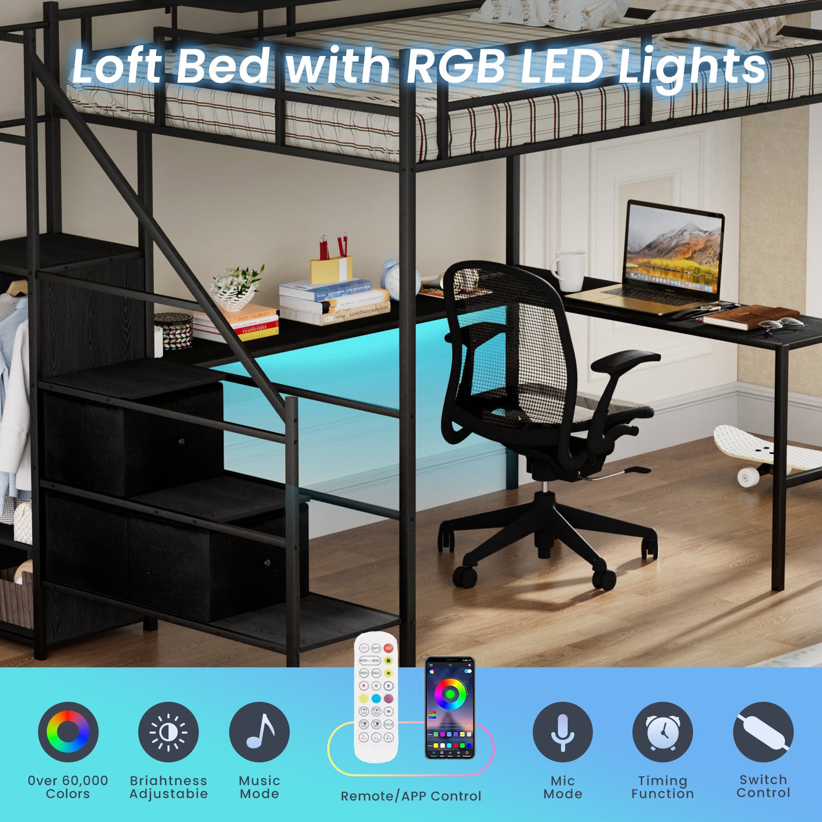 Full Size Metal Loft Bed With L Shaped Desk, Led Lights, Charging Cradle, Led Loft Bed Frame, Full Size Bed With One Cabinet Wardrobe And 2 Fabric Drawers, Safety Rails And Ladder, Black Black