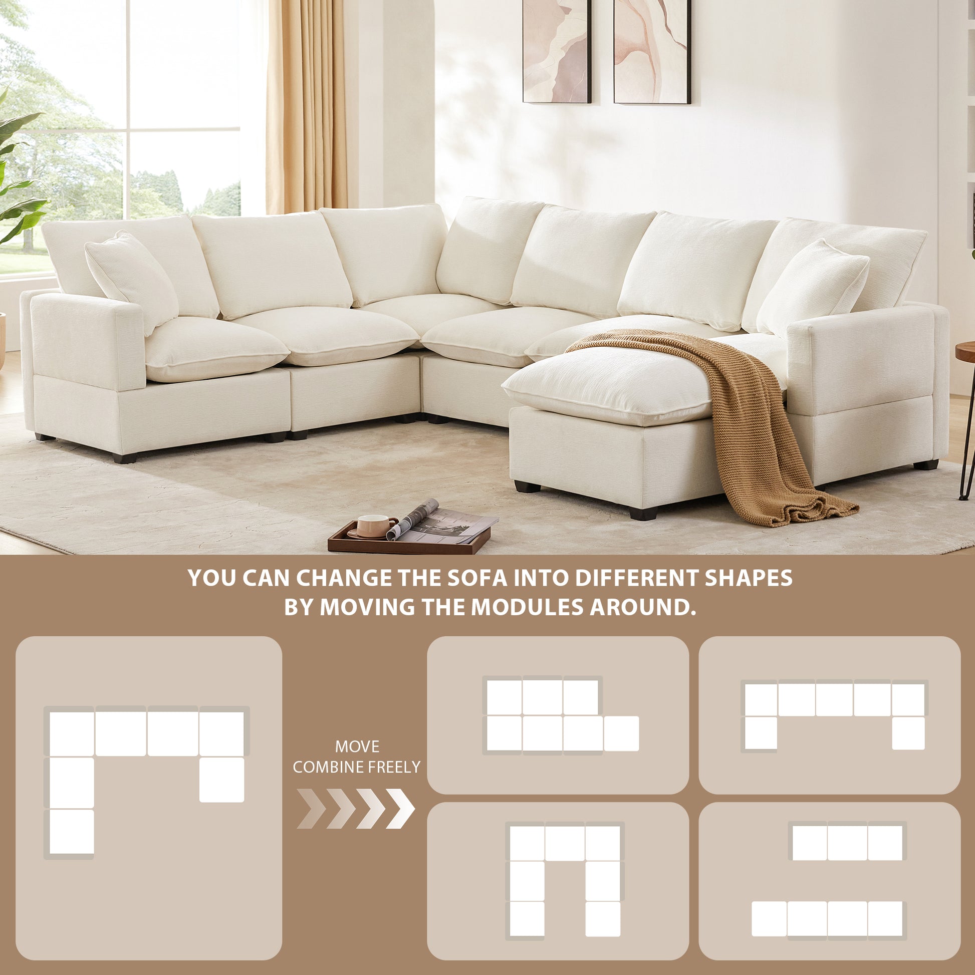 110*84" Modern U Shape Modular Sofa, 7 Seat Chenille Sectional Couch Set With 2 Pillows Included, Freely Combinable Indoor Funiture For Living Room, Apartment, Office, 2 Colors White Chenille 7 Seat