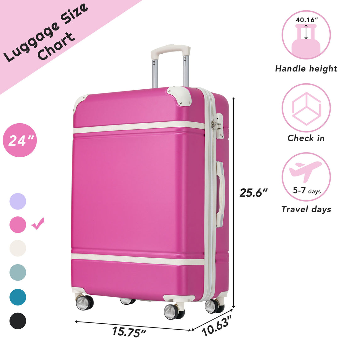 24 In Luggage 1 Piece With Tsa Lockexpandable Lightweight Suitcase Spinner Wheels, Vintage Luggage,Pink Change To Sku:N732P171621H Pink Abs