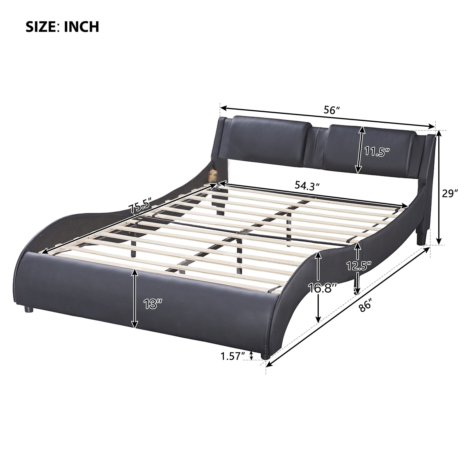 Full Size Upholstered Faux Leather Platform Bed With Led Light Bed Frame With Slatted Black Full Black Solid Wood