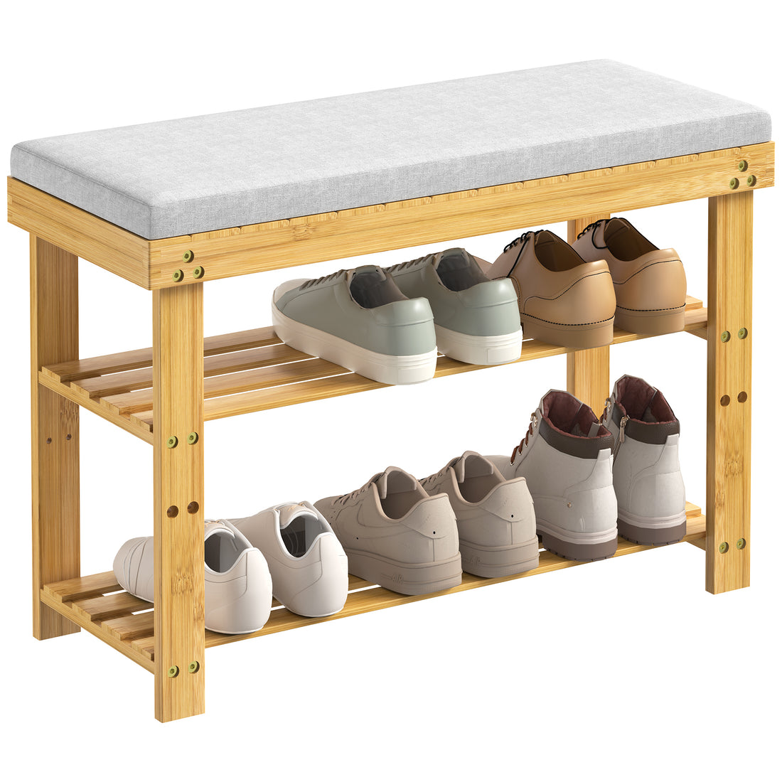 Bamboo Shoe Bench, 3 Tier Shoe Rack, Entryway Bench With Cushion And Adjustable Shelves, Shoe Rack For Entryway, Hallway, Mudroom And Living Room, Bamboo Khaki Bamboo