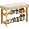 Bamboo Shoe Bench, 3 Tier Shoe Rack, Entryway Bench With Cushion And Adjustable Shelves, Shoe Rack For Entryway, Hallway, Mudroom And Living Room, Bamboo Khaki Bamboo