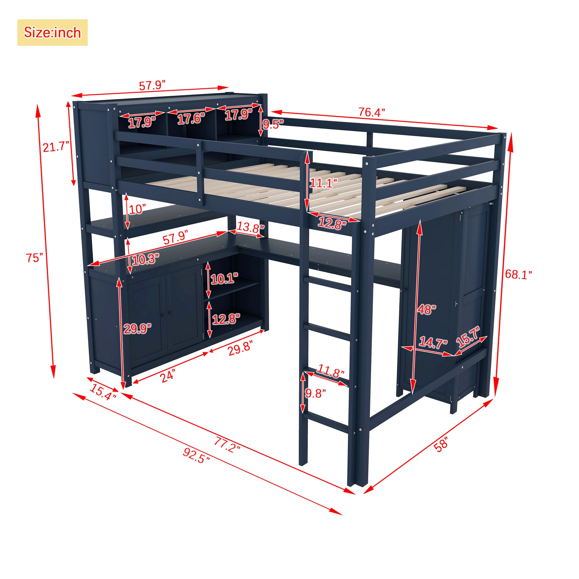 Wood Loft Bed With Cabinet And Bookshelf, Full Size Loft With Wardrobe And Desk For Kids,Dark Blue Expect Arrival Date 2024 8 25 Full Dark Blue Pine