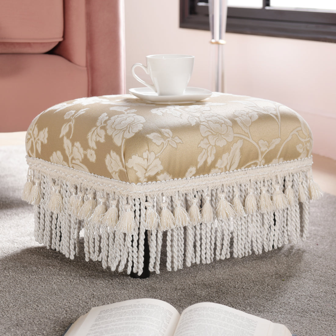 Fiona Accent Footstool Ottoman, Champagne Beige Floral Jacquard Beige Foam Fabric