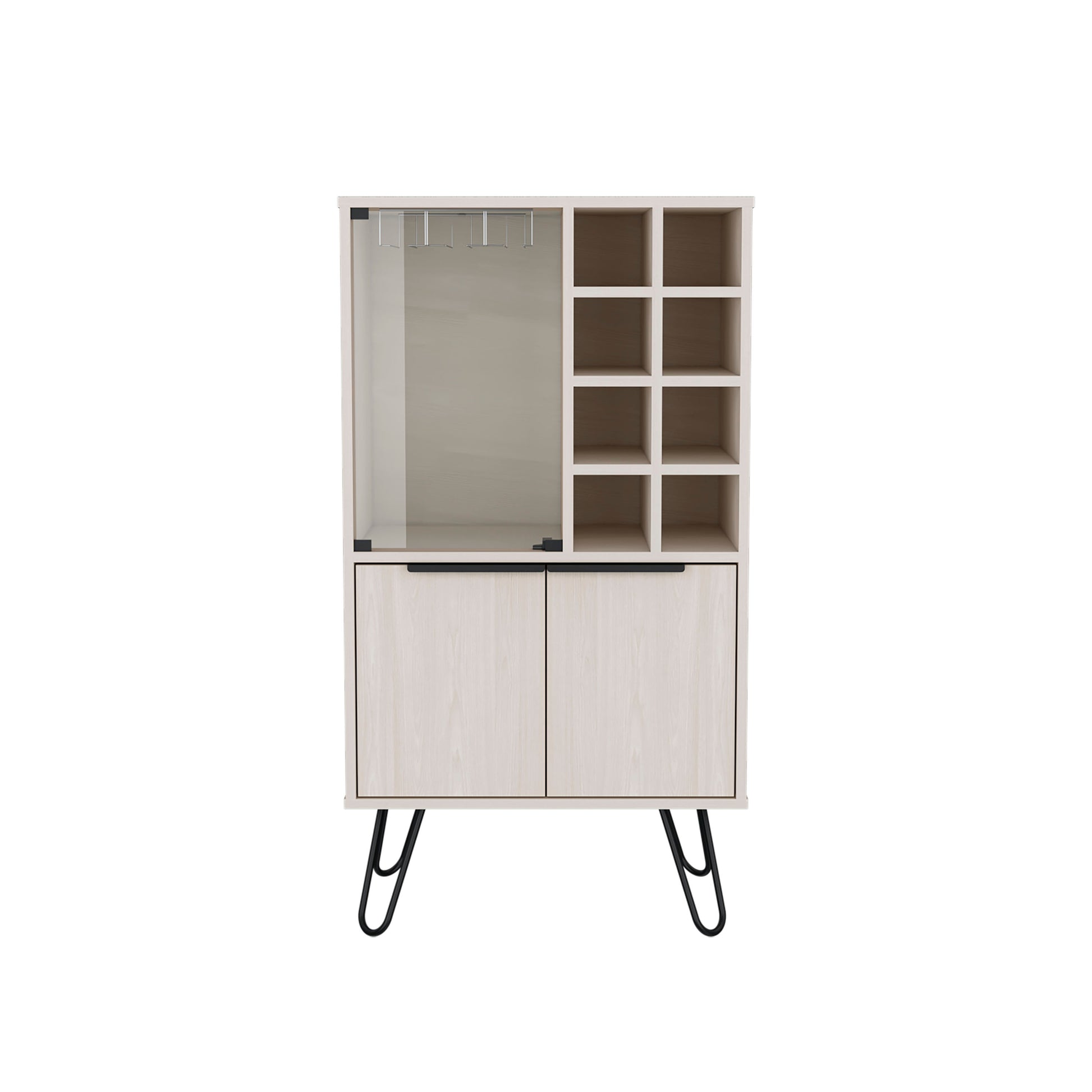 Aster 23" Wide Double Door Bar Cabinet And Glass Door Comparment, Eight Bottle Cubbies And Stemware White Washed Dining Room Modern Particle Board