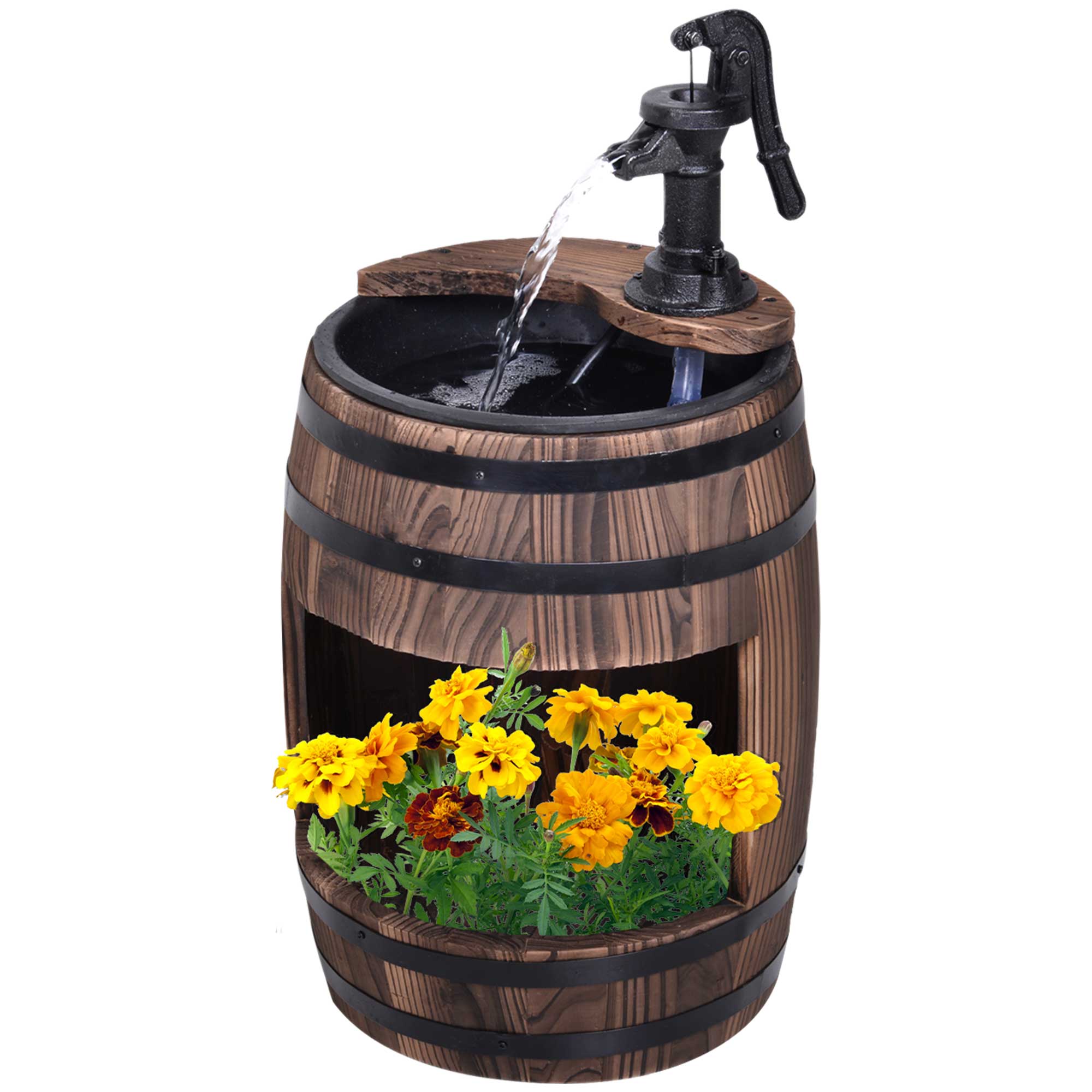 Outsunny 23" H Outdoor Water Fountain Wood And Metal Rustic Apple Barrel Pump Garden Decor For Outside Backyard Brown Wood
