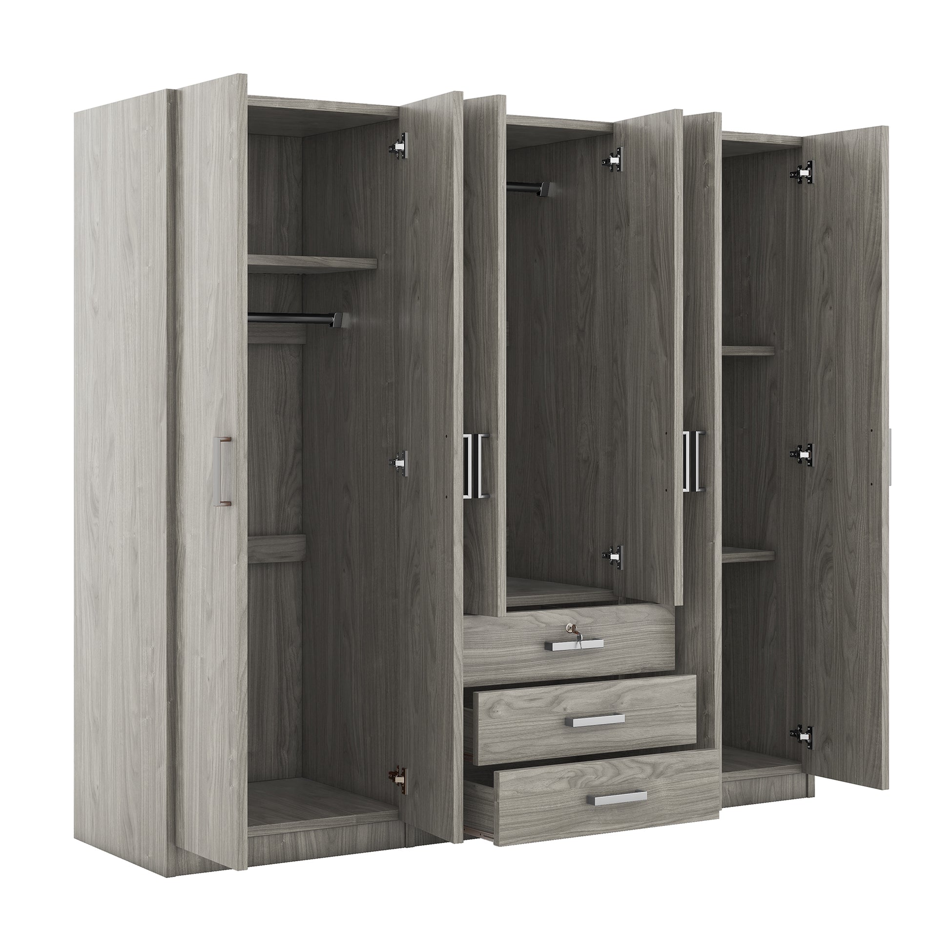 6 Doors Wooden Wardrobe Storage For Bedroom, With Big Drawers, Gray Gray Plywood