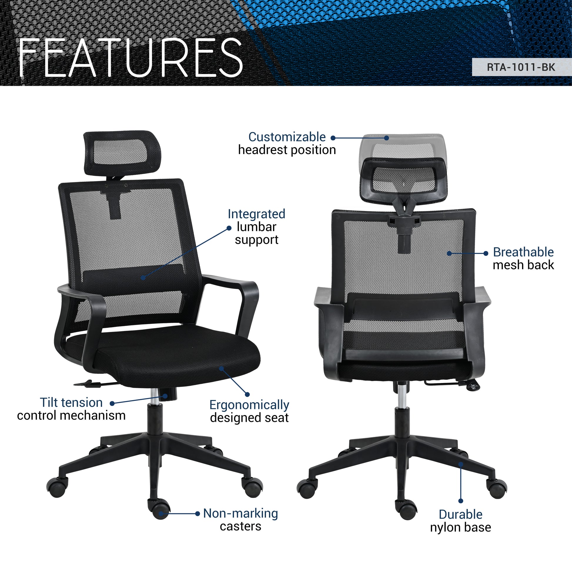 Techni Mobili Ergonomic Office Chair With Lumbar Support And Adjustable Headrest Black Office Spot Clean Modern Office Chairs Adjustable Height Fabric Plastic