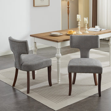 Mid Century Modern Dining Chairs Set Of 2, Farmhouse Linen Fabric Upholstered Accent Chair Curved Backrest With Copper Nails Around,Kitchen Chairs With Hardwood Frame, Gray Gray Rubberwood Set Of 2 Foam Upholstered